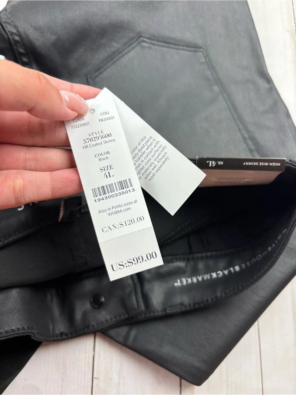NWT! White House Black Market The High Rise Skinny Coated Black Size 4L